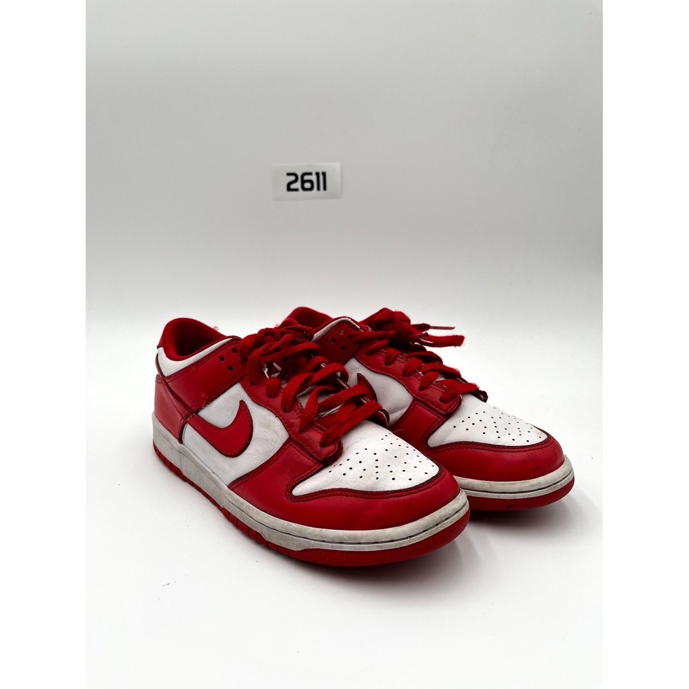 Nike Dunk Low‎ Youth 6.5 Shoes Summit White Red Leather Swoosh Lace Up Sneakers